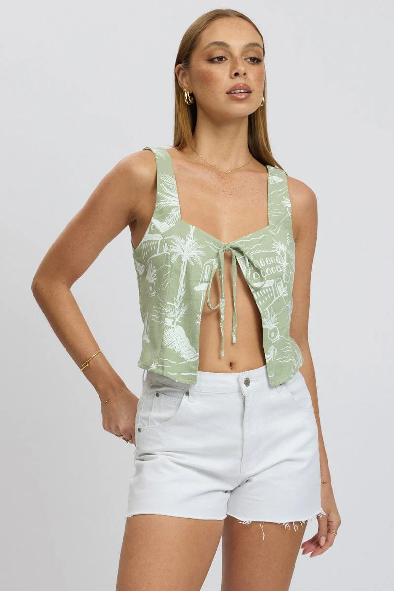 Green Abstract Tie Front Top Sleeveless - Image 3
