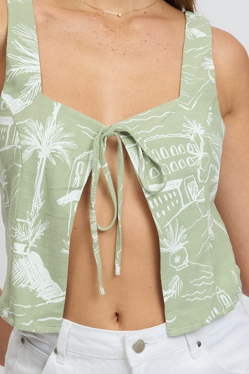 Green Abstract Tie Front Top Sleeveless - Image 6