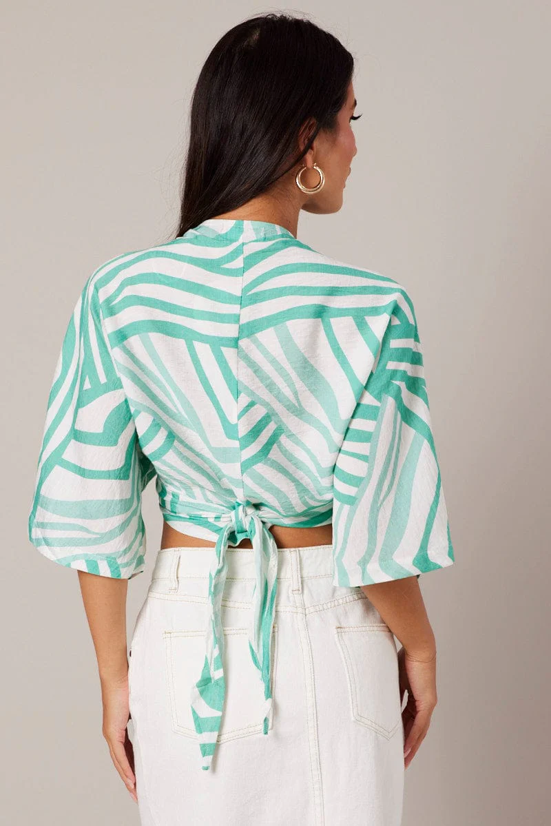 Green Abstract Tie Up Bolero Short Sleeve - Image 5