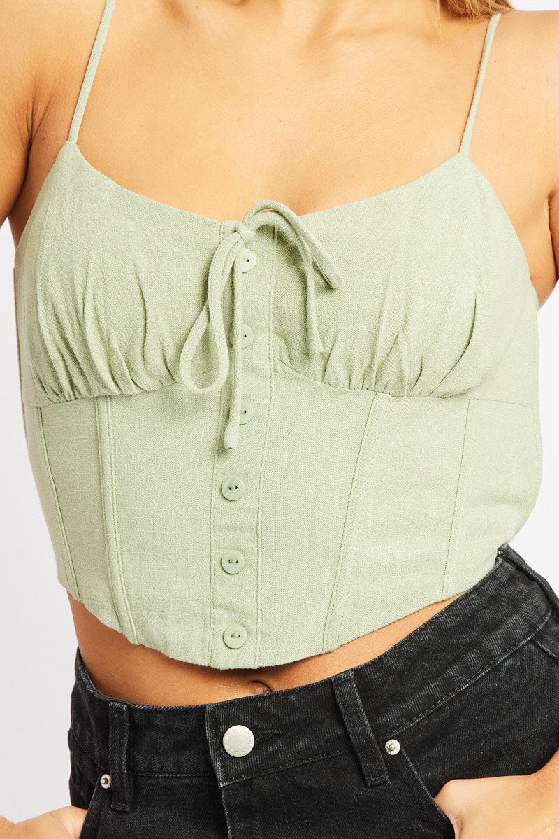 Green Cami Top Sleeveless Corset Linen Blend - Image 6