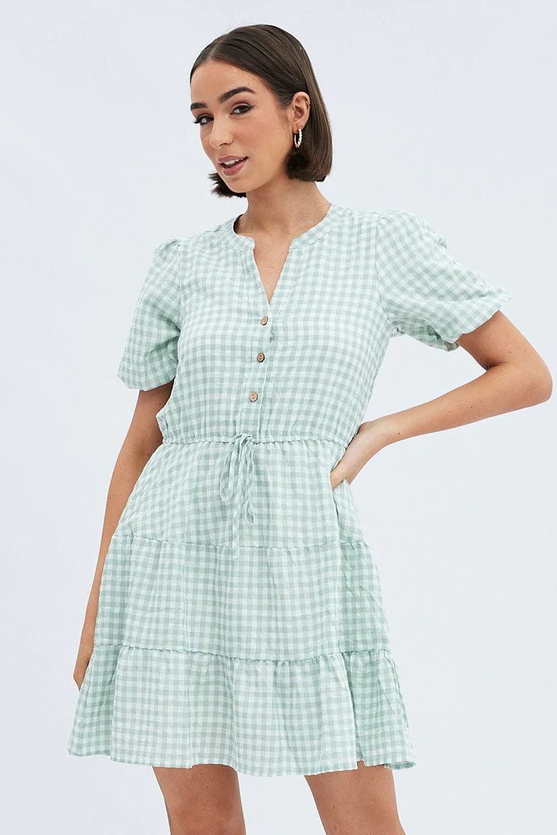 Green Check Shirt Dress Short Sleeve Tiered - Image 3