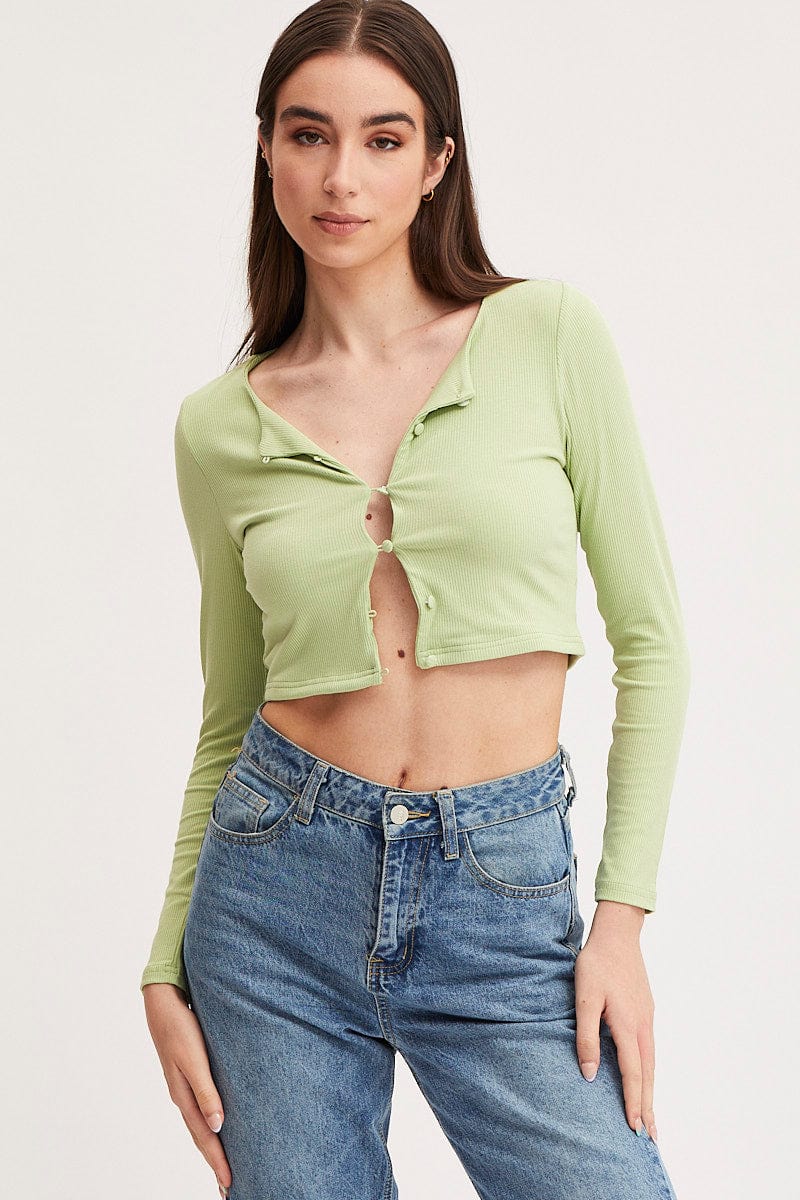Green Crop Cardigan Long Sleeve Jersey Rib - Image 4
