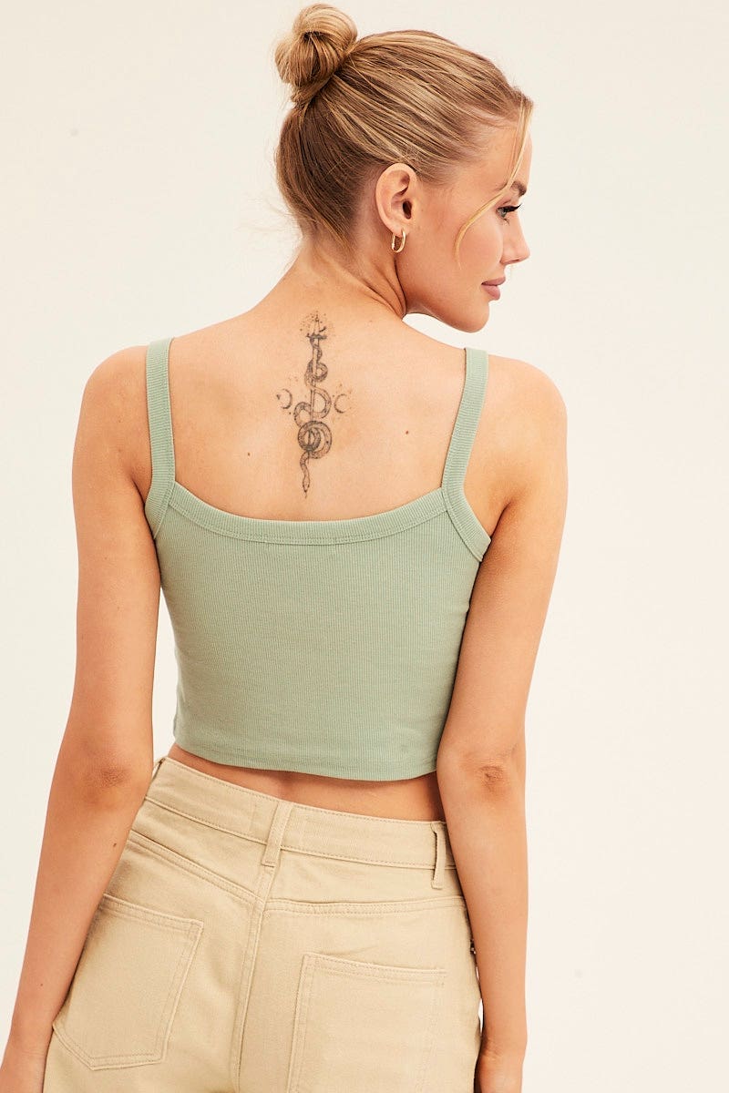 Green Crop Singlet Sleeveless Rib Embroidered - Image 6