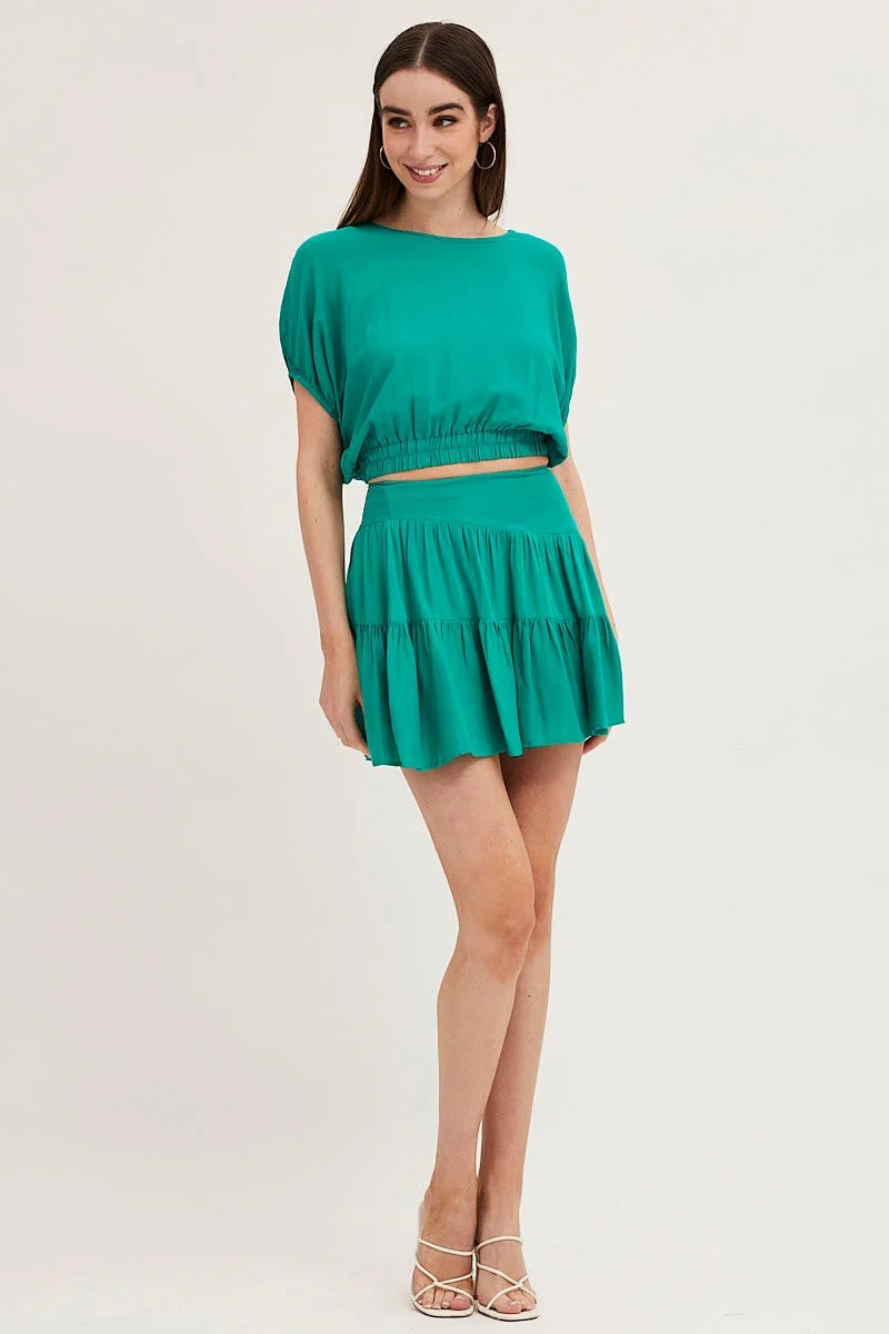Green Crop Top Short Sleeve Elasticated Waist - Image 2