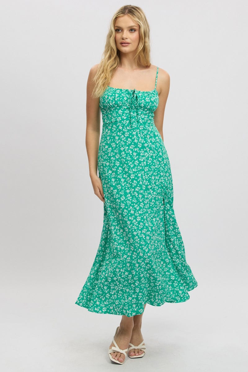 Green Ditsy Midi Dress Gathered Bust - Image 3