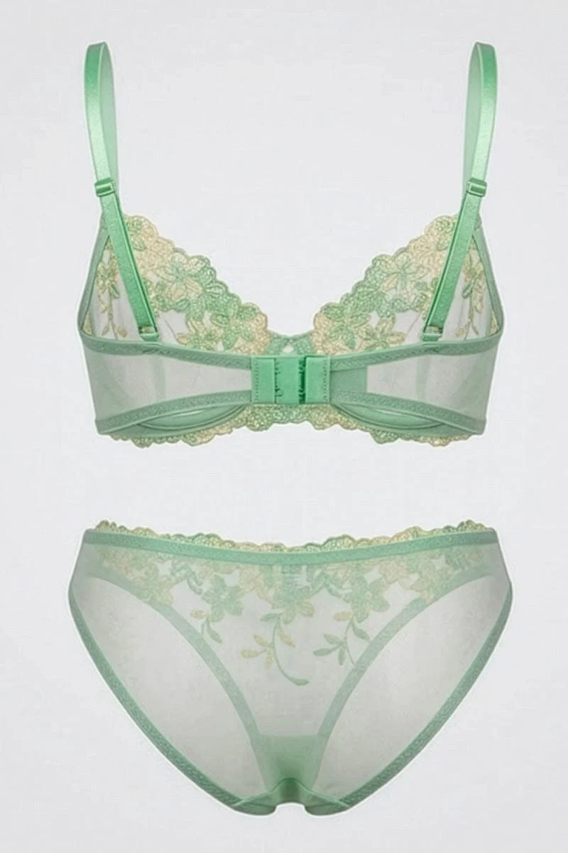 Green Floral Embroidery Lingerie Set - Image 2