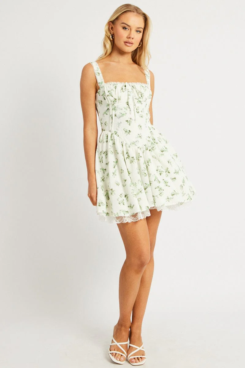 Green Floral Fit And Flare Dress Corset Detail Mini - Image 3