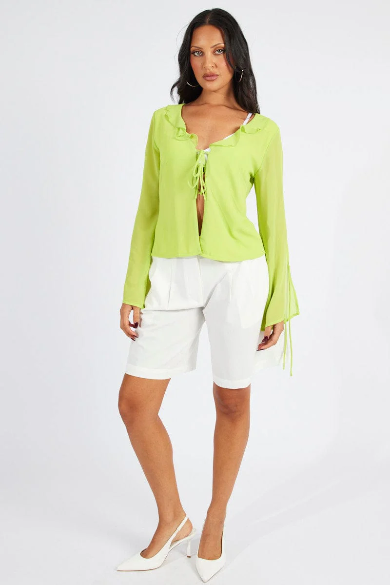 Green Frill Split Top Tie Front Long Sleeve - Image 2