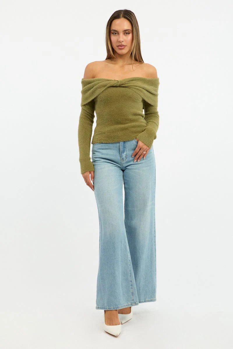 Green Knit Off Shoulder Long Sleeve - Image 2