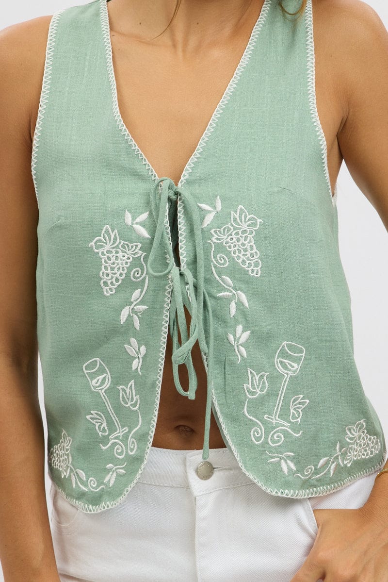 Green Linen Vest Sleeveless Embroidery - Image 6