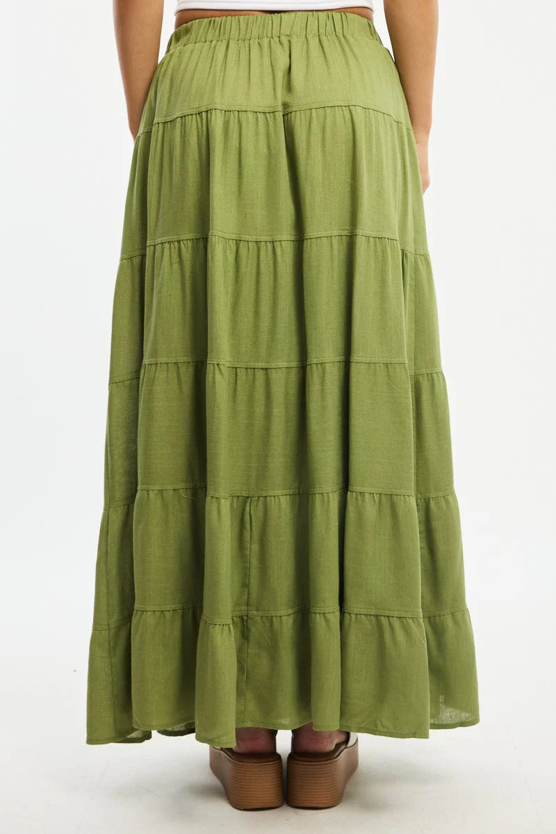 Green Maxi Skirt Tiered High Rise Linen Blend - Image 4