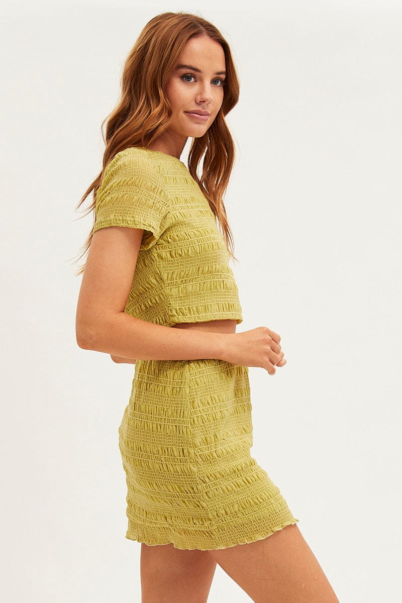 Green Mesh T-Shirt Gathered Texture Detail Short Sleeve - Image 4