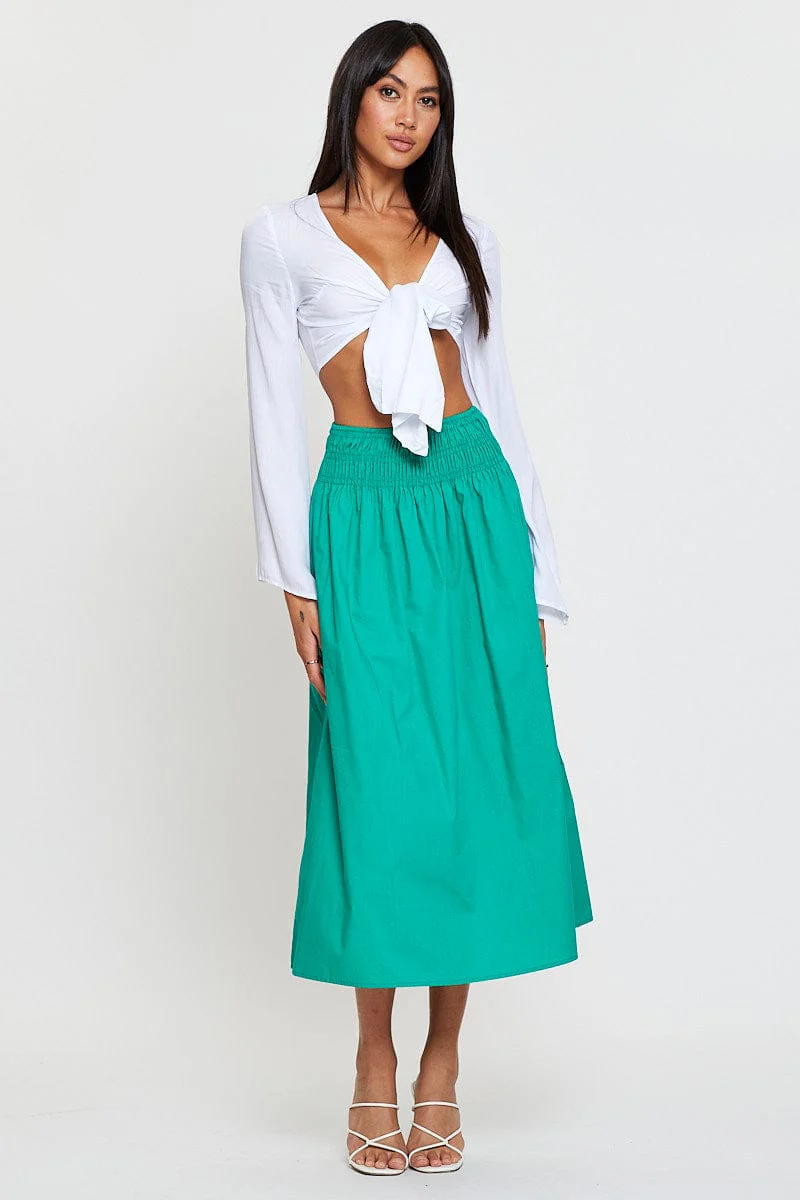 Green Midi Skirt High Rise Shirred Waist - Image 3