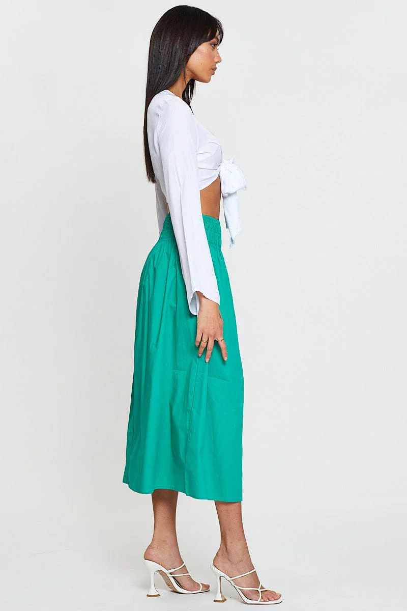 Green Midi Skirt High Rise Shirred Waist - Image 4