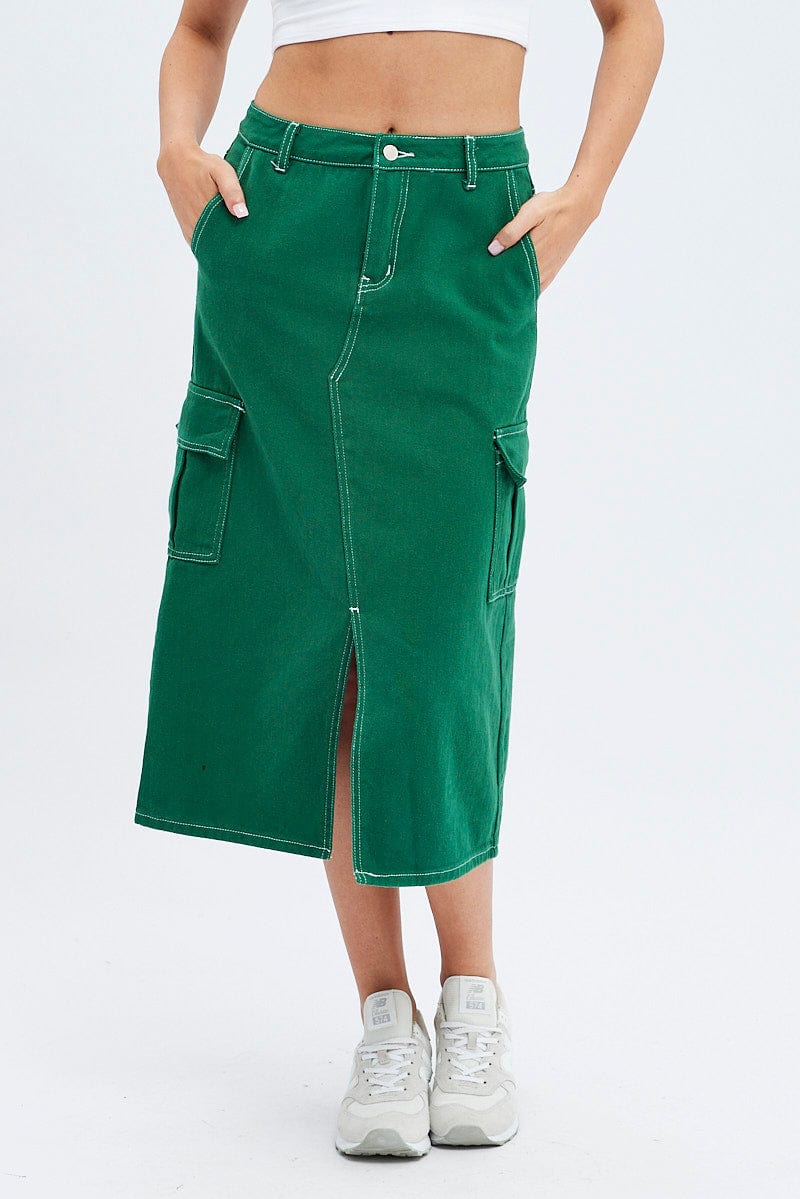 Green Midi Skirt Mid Rise A-line Cargo Contrast Stitch - Image 2