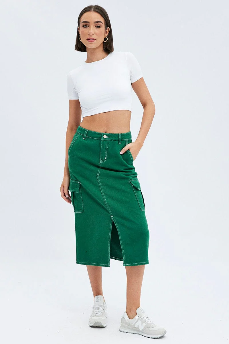 Green Midi Skirt Mid Rise A-line Cargo Contrast Stitch - Image 3
