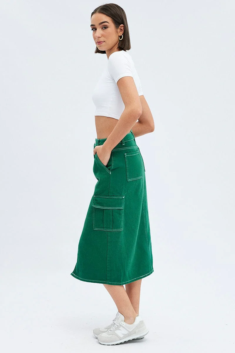 Green Midi Skirt Mid Rise A-line Cargo Contrast Stitch - Image 4