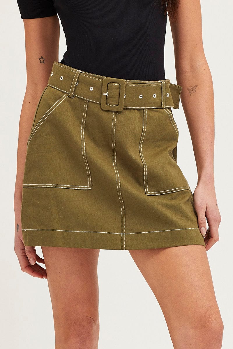 Green Mini Skirt High Waisted Contrast Belted Utility - Image 3