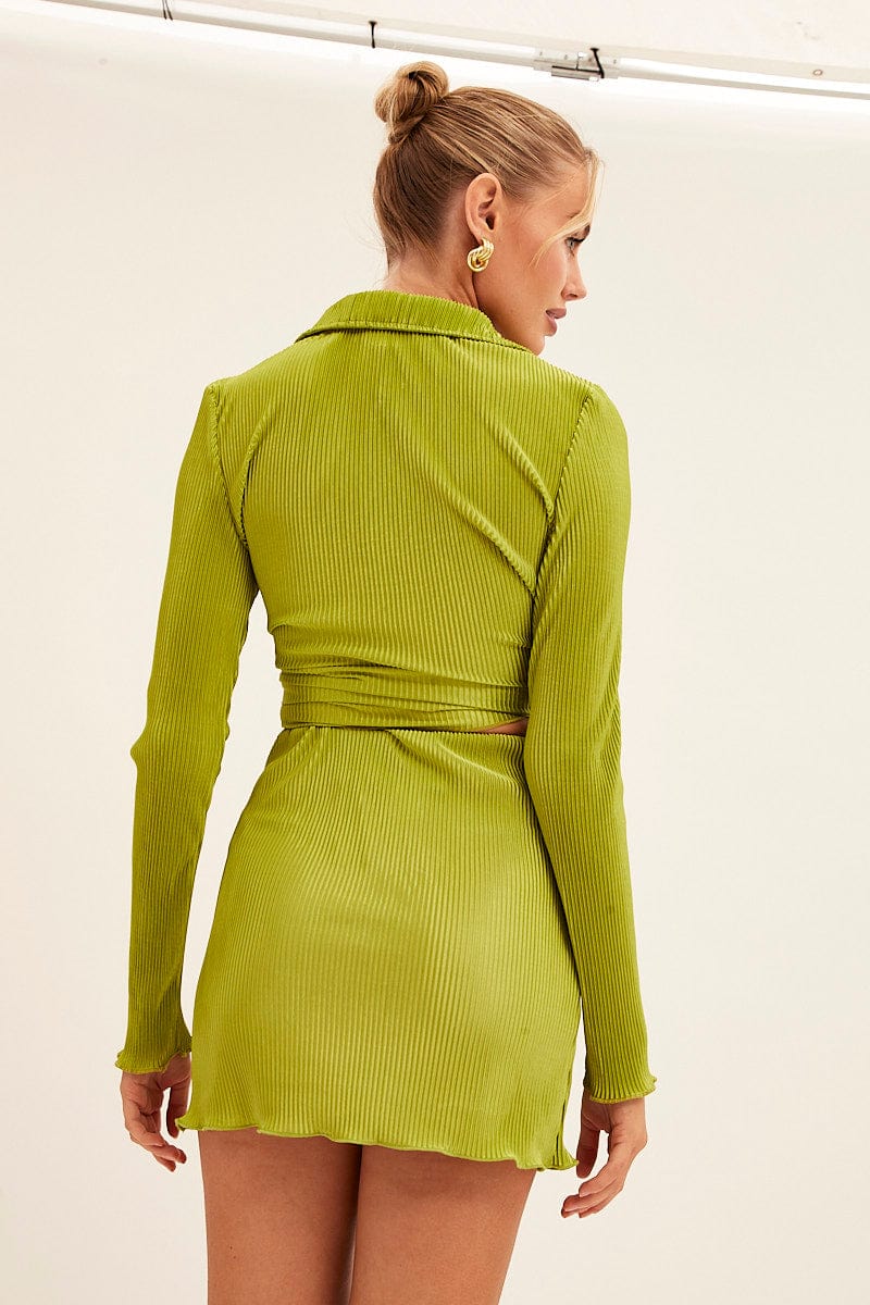 Green Mini Skirt Plisse Satin - Image 4