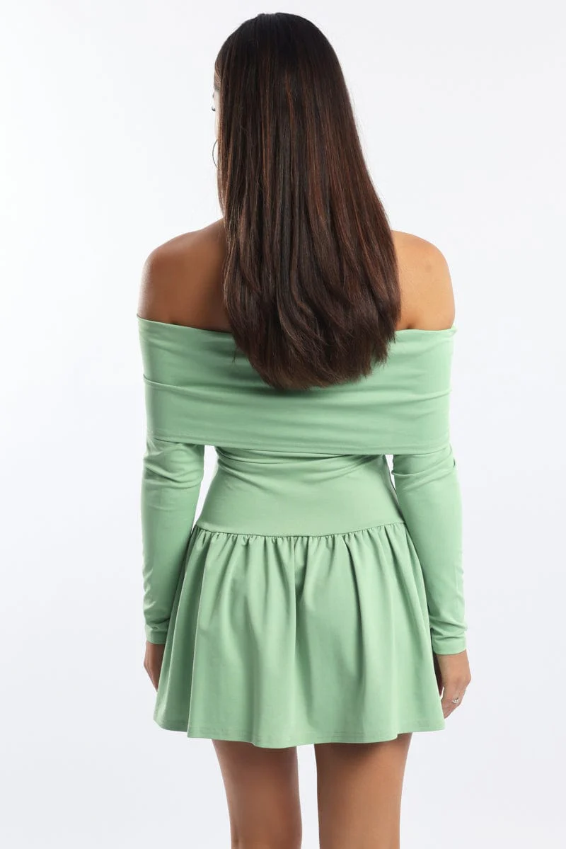 Green Off Shoulder Mini Dress - Image 4