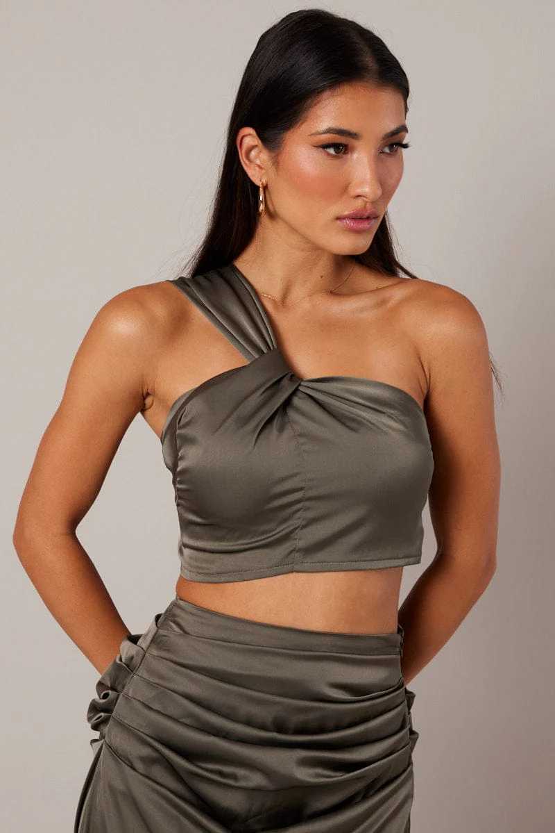 Green One Shoulder Crop Top Twist Satin - Image 3