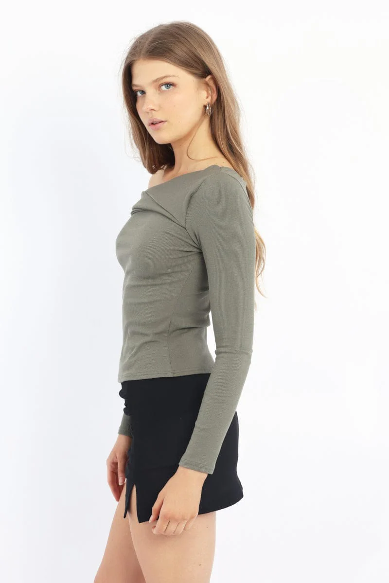 Green One Shoulder Top Long Sleeve - Image 3
