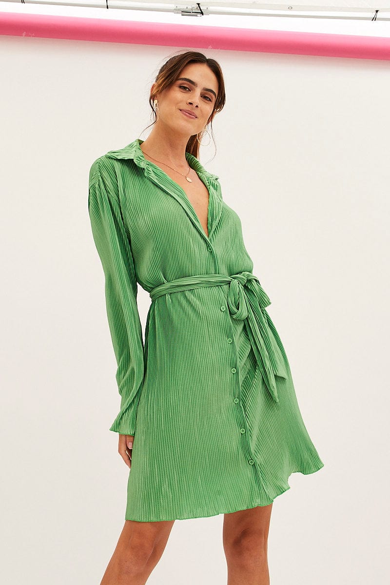 Green Plisse Shirt Dress Front Button - Image 3
