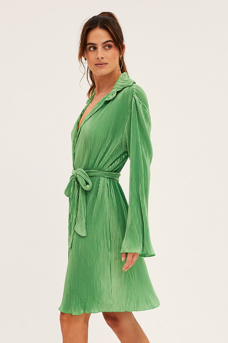 Green Plisse Shirt Dress Front Button - Image 4