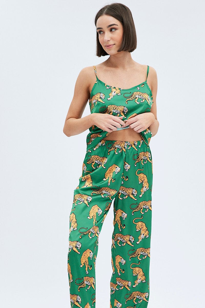 Green Print Tiger PJ Graphic Cami Pyjama Set - Image 2