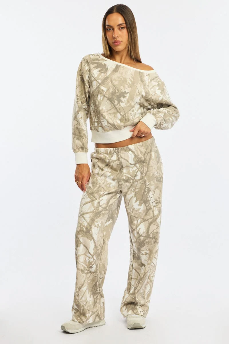 Green Print Track Pants Wide Leg