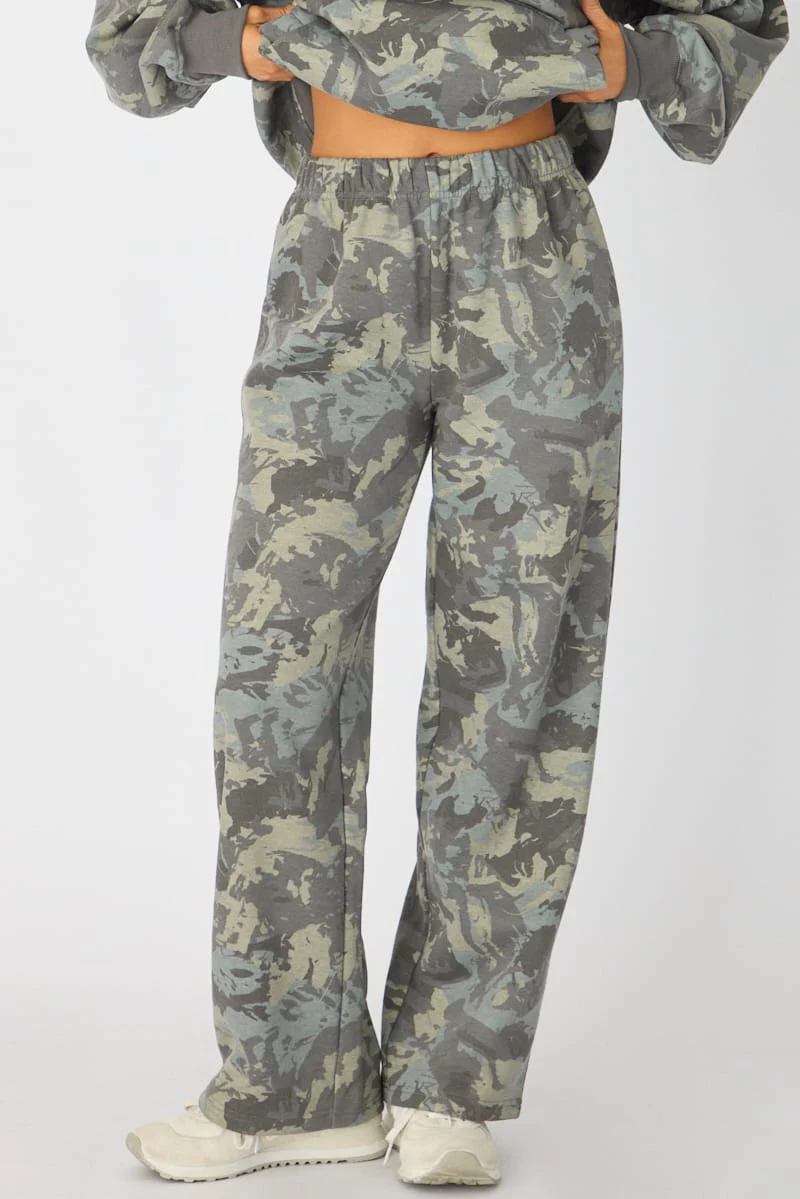 Green Print Track Pants Wide Leg - Image 2