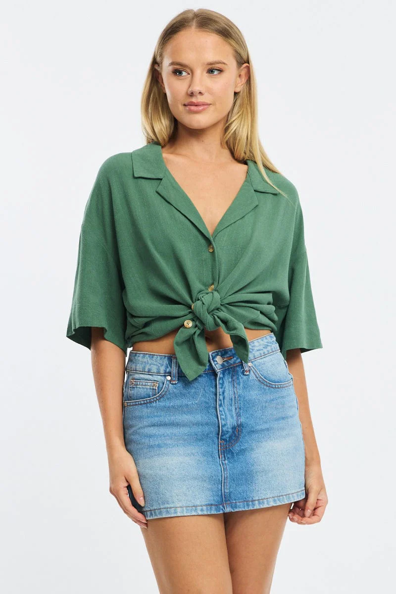 Green Relaxed Shirt Short Sleeve Collared Linen Blend