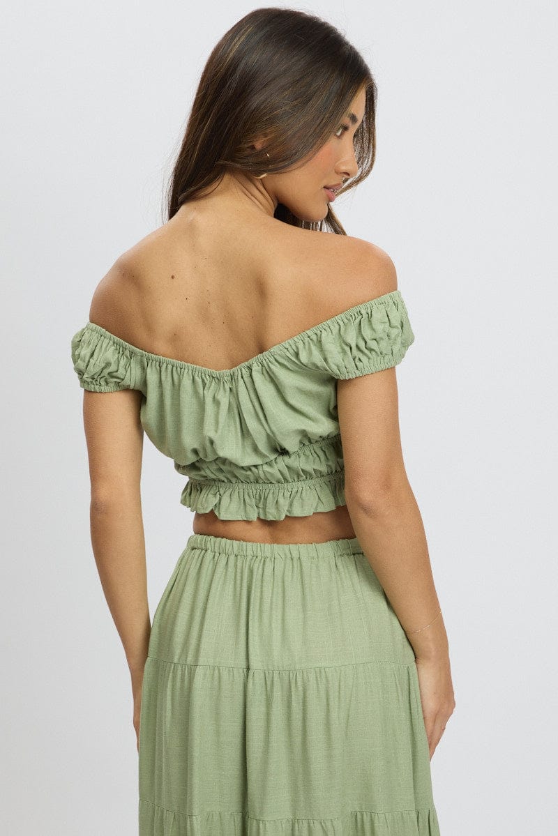 Green Ruched Top Short Sleeve Linen Blend - Image 5