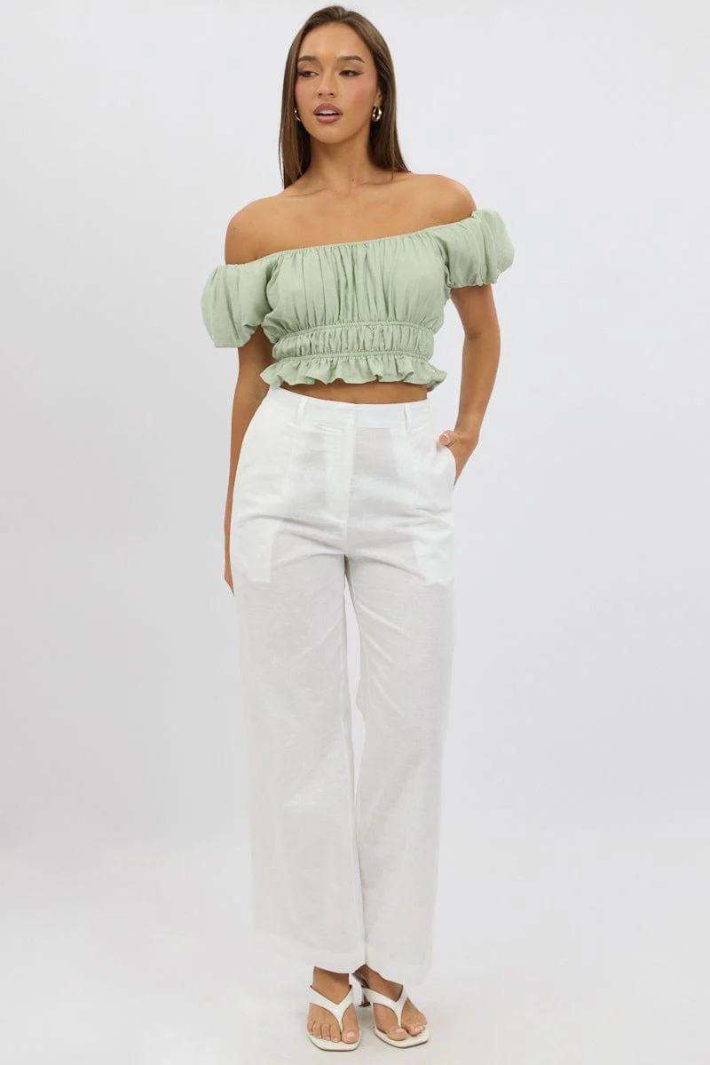 Green Ruffle Crop Top Puff Sleeve - Image 2