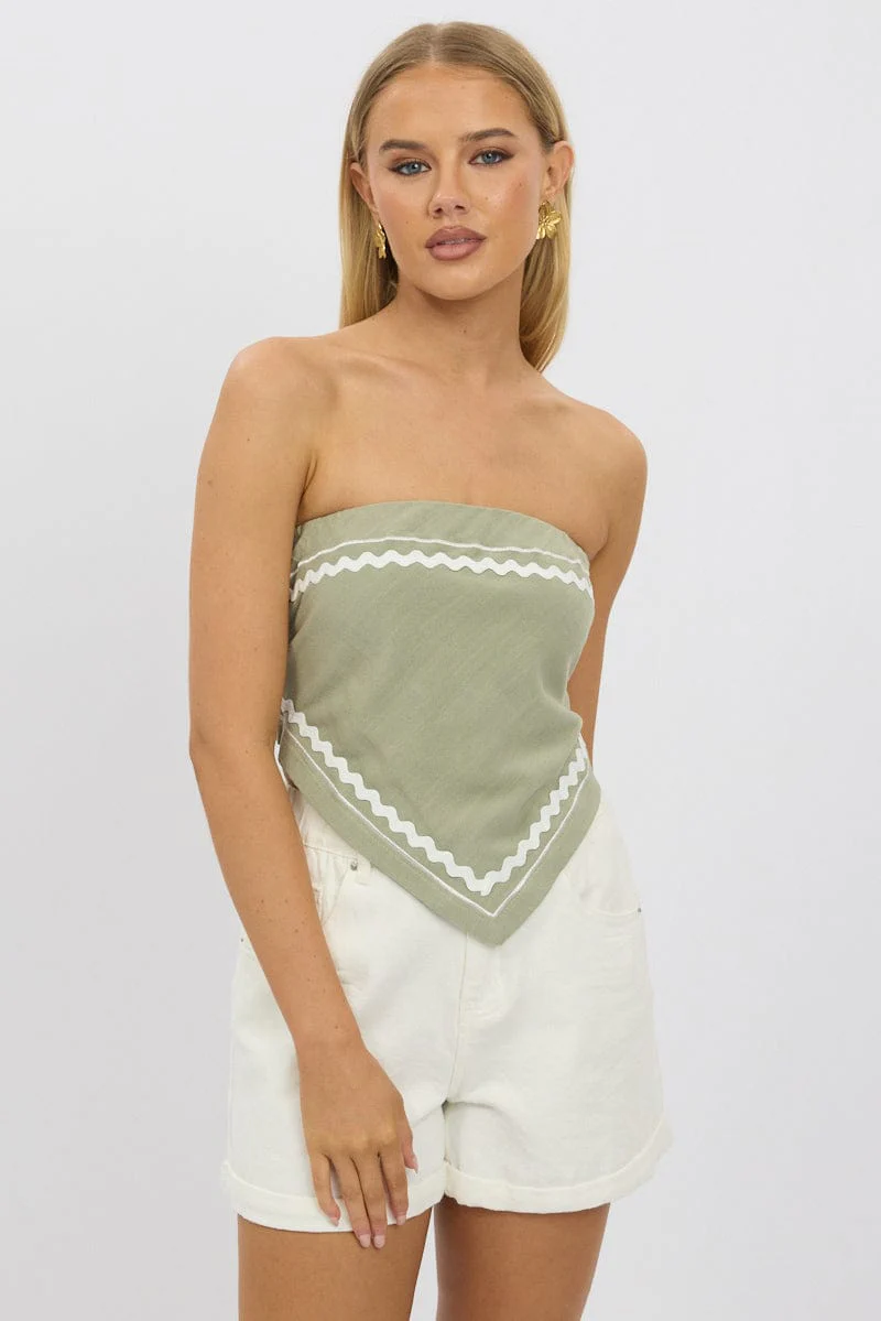Green Scarf Top Sleeveless Bandeau Linen Blend Ric Rac