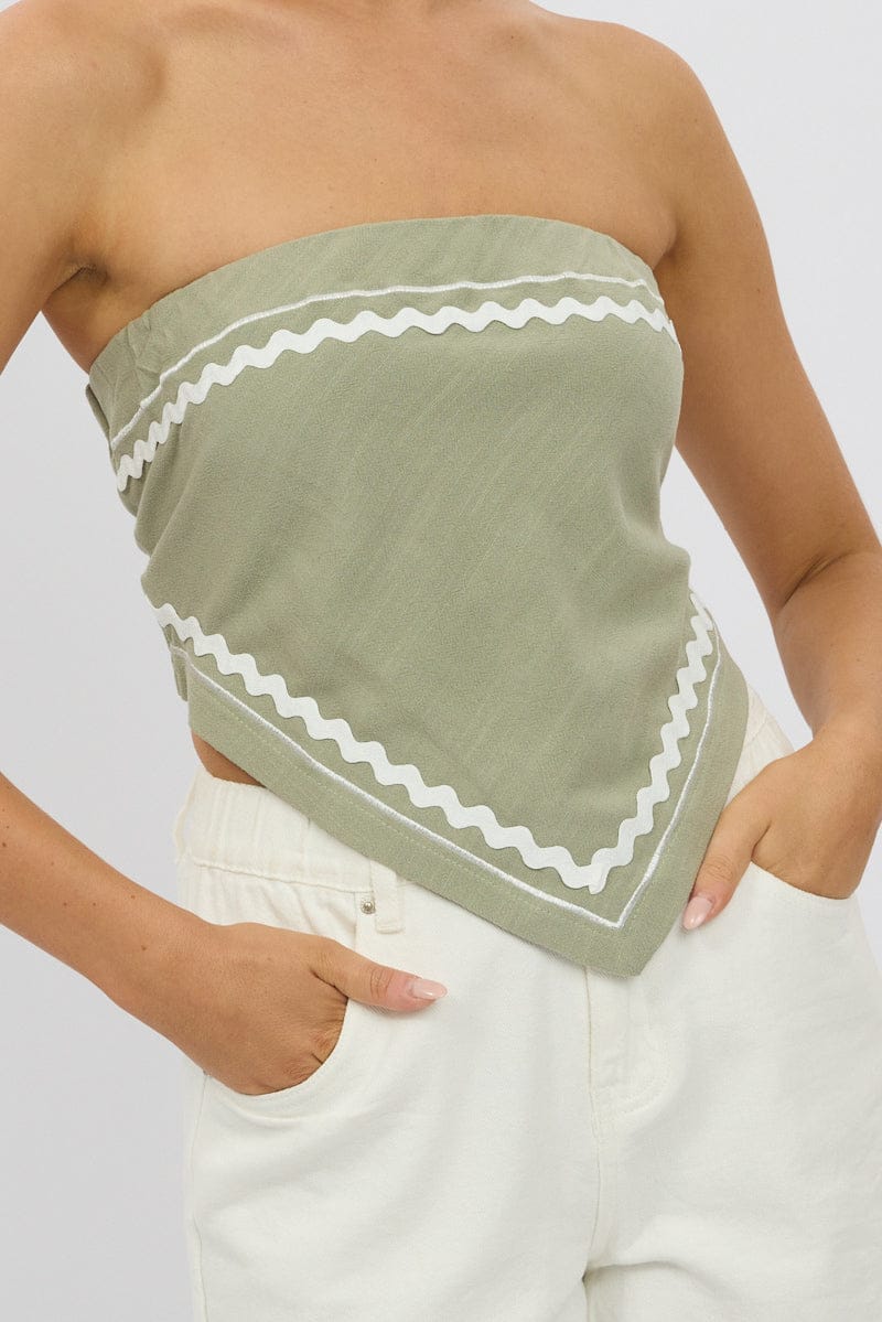 Green Scarf Top Sleeveless Bandeau Linen Blend Ric Rac - Image 6