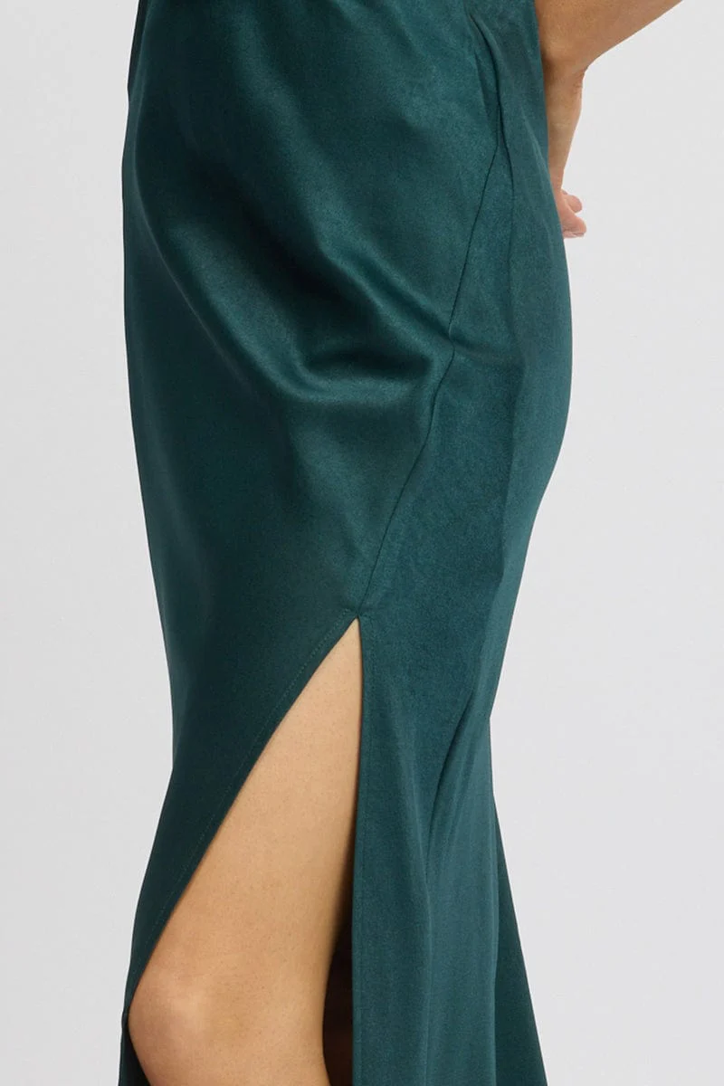 Green Slip Skirt High Waist Front Split Midaxi Satin - Image 6