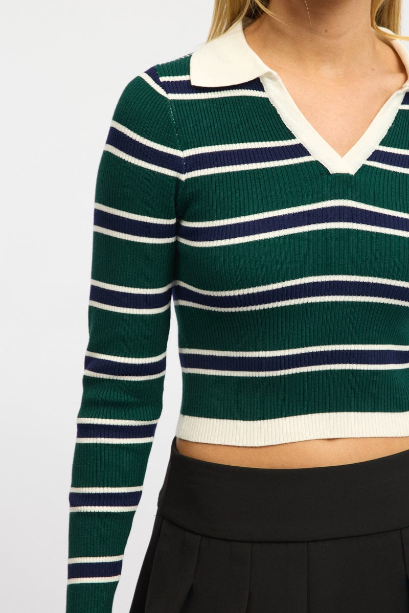 Green Stripe Knit Top Long Sleeve Collar - Image 5