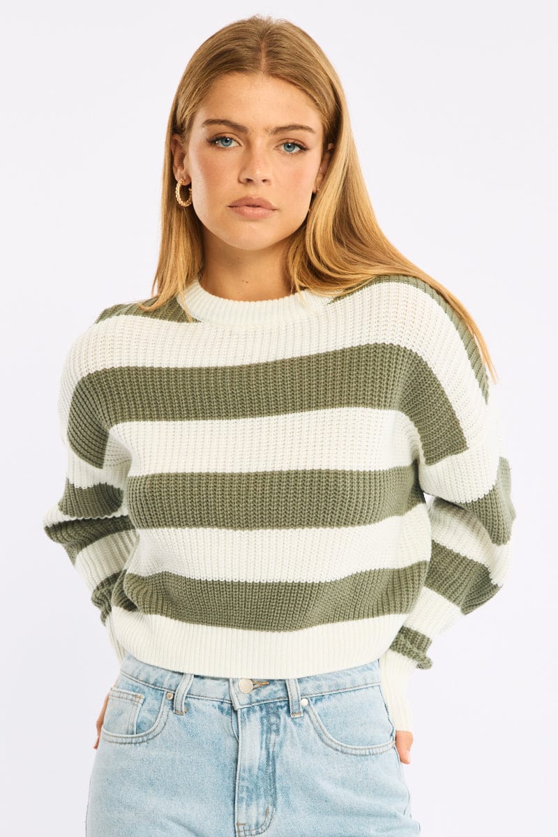 Green Stripe Knit Top Long Sleeve Color Block