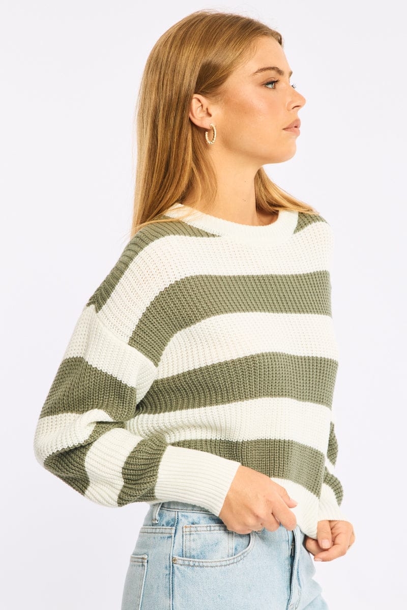 Green Stripe Knit Top Long Sleeve Color Block - Image 3
