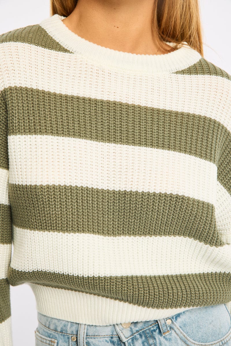 Green Stripe Knit Top Long Sleeve Color Block - Image 5