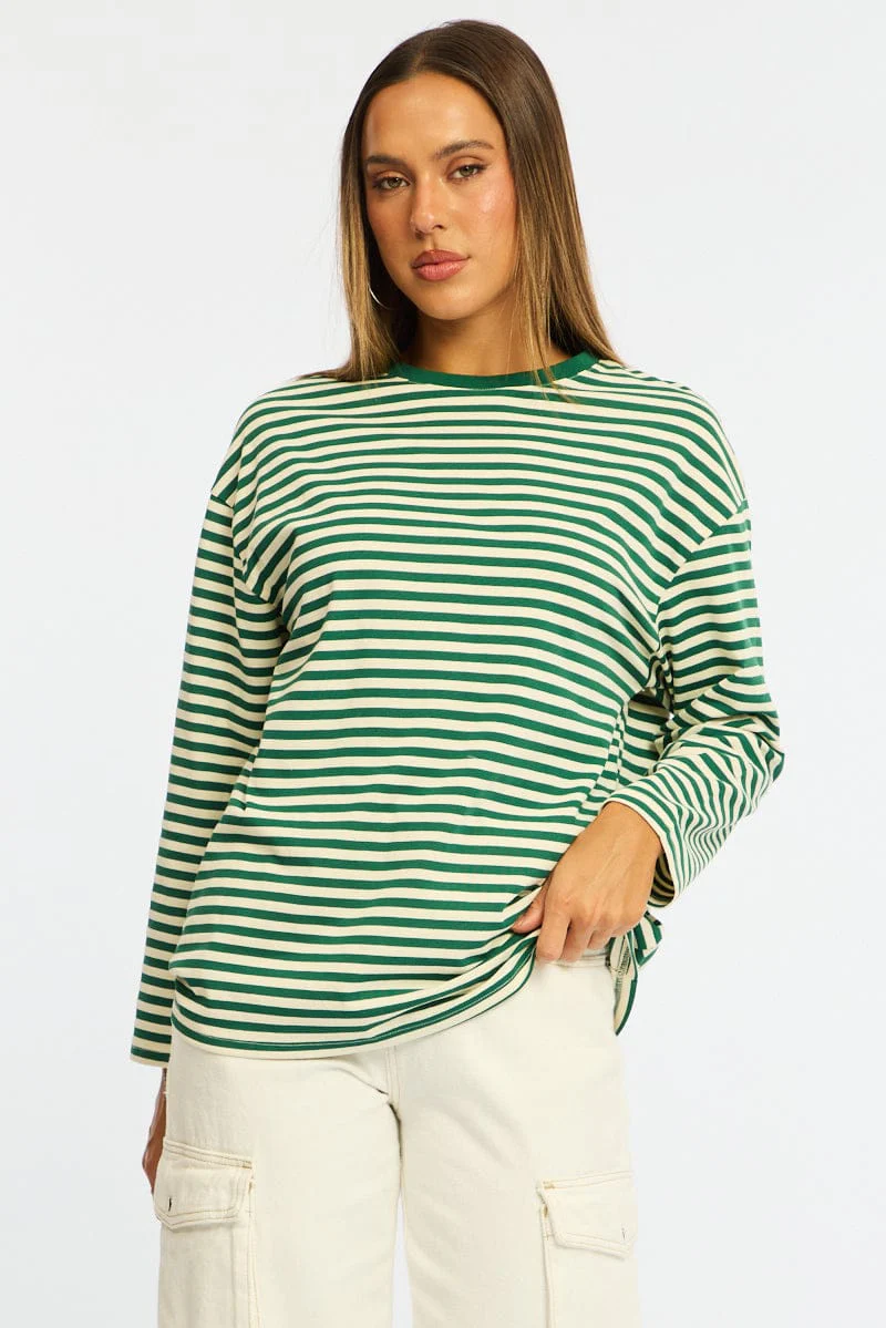 Green Stripe Striped Top Crew Neck Long Sleeve
