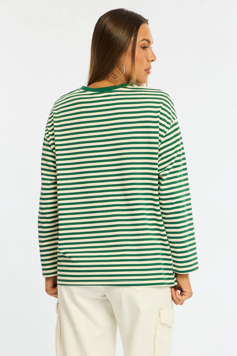 Green Stripe Striped Top Crew Neck Long Sleeve - Image 5