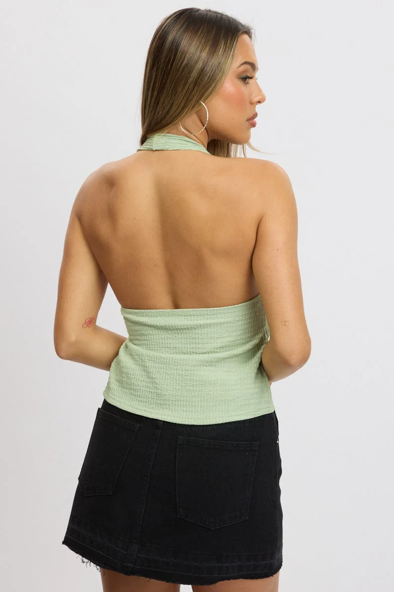 Green Textured Top Halter Neck Tie Up Front - Image 5