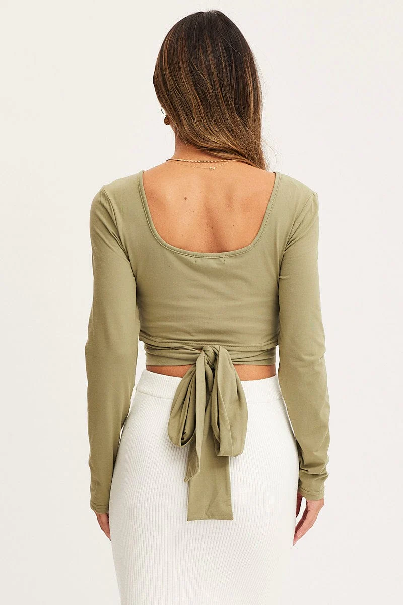 Green Tie Back Top Long Sleeve Crop - Image 5