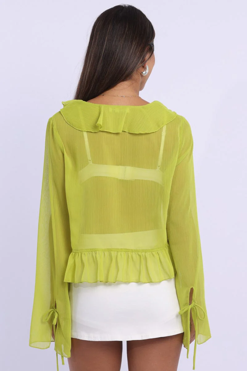 Green Tie Up Top Long Sleeve V Neck Frilled Romantic - Image 4