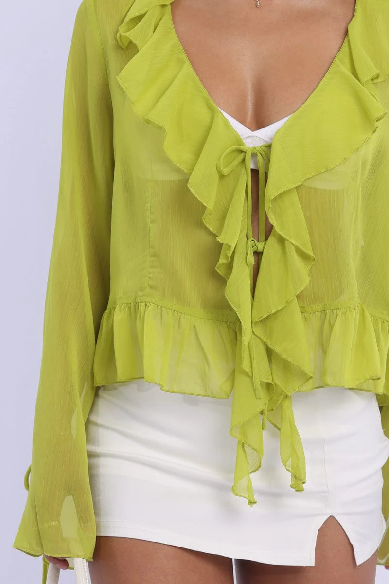 Green Tie Up Top Long Sleeve V Neck Frilled Romantic - Image 5