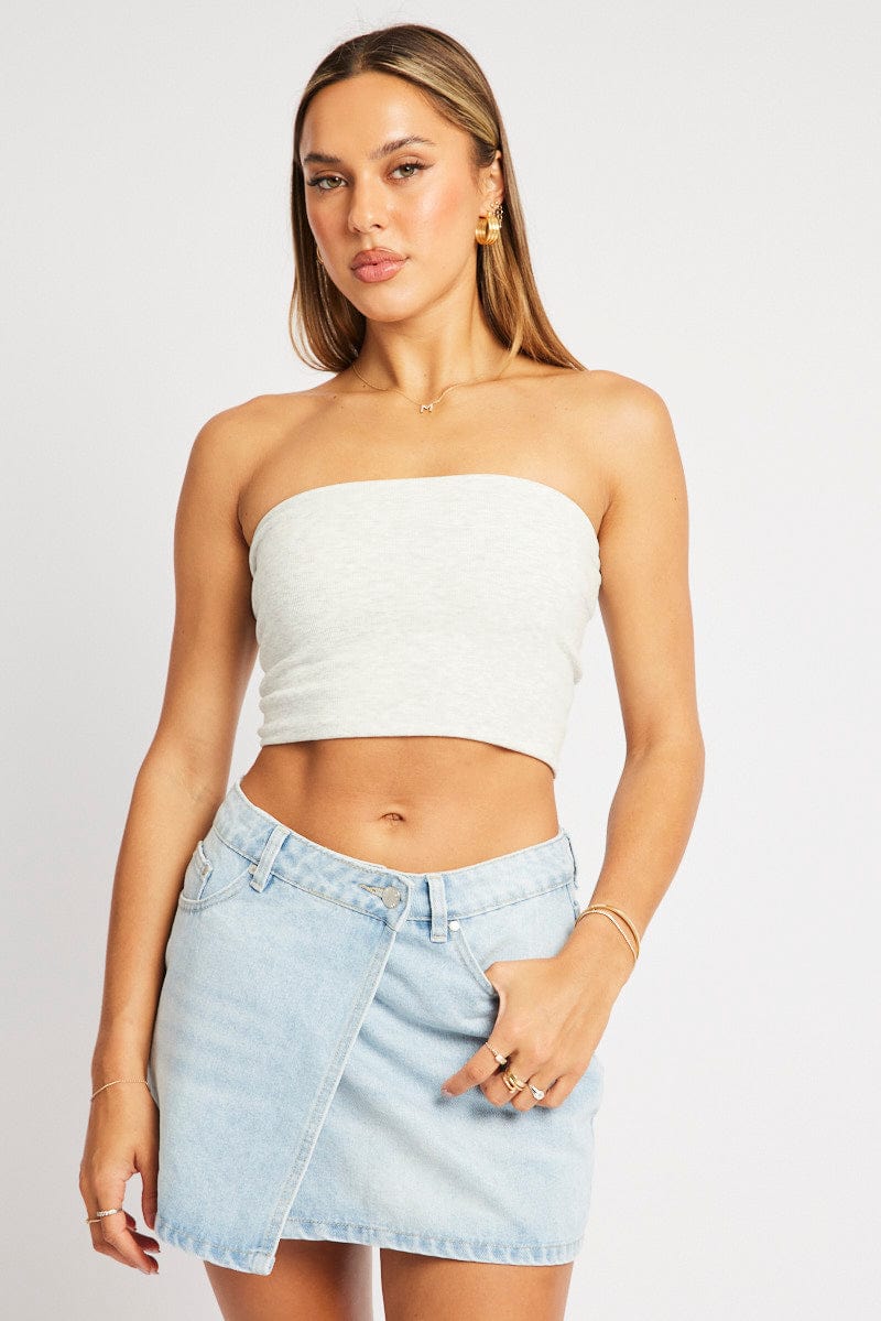 Grey Bandeau Top Sleeveless Strapless Rib - Image 3