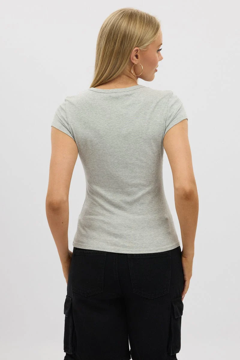 Grey Button Front Top Short Sleeve - Image 5