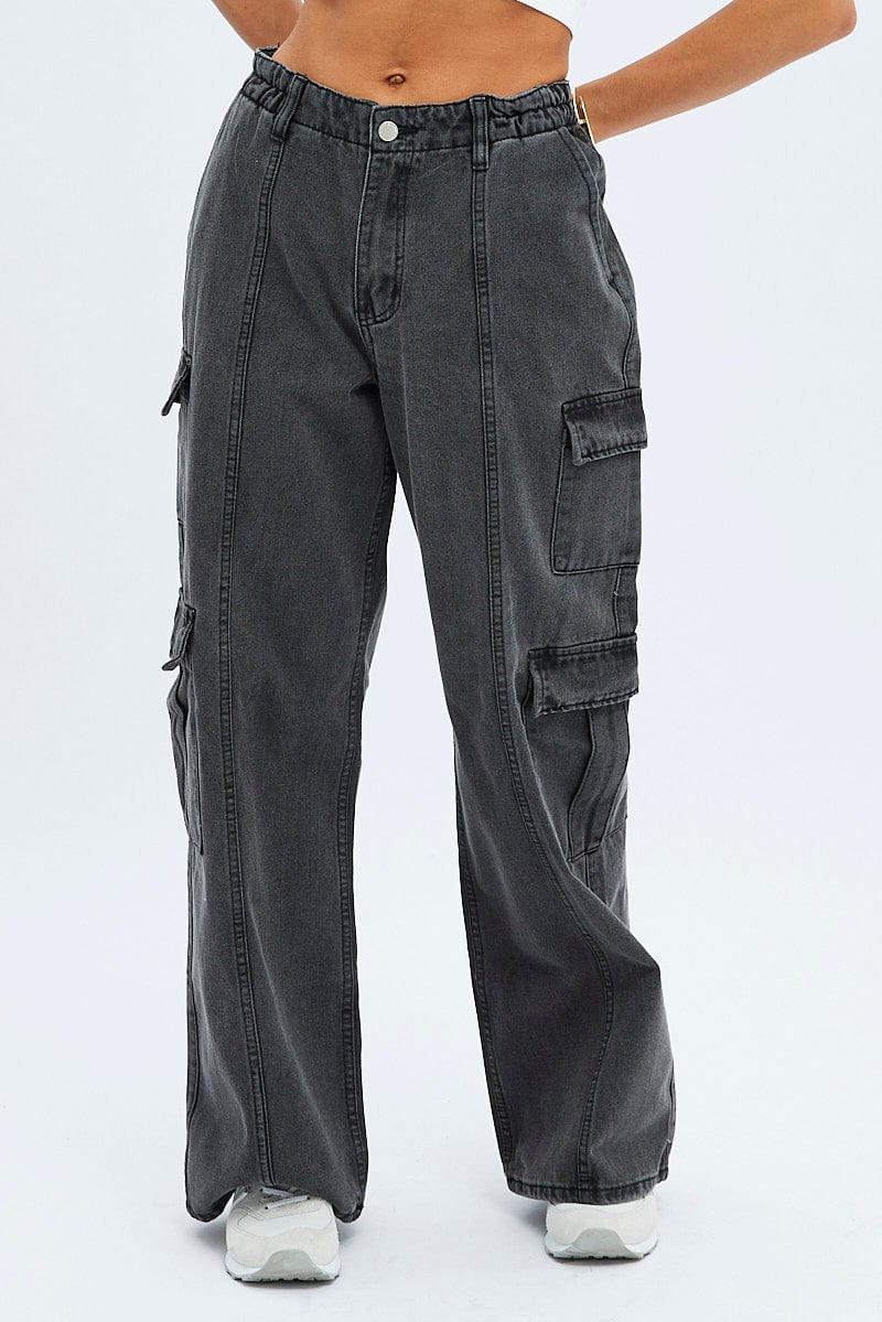 Grey Cargo Jeans Mid Rise Out Pocket - Image 2